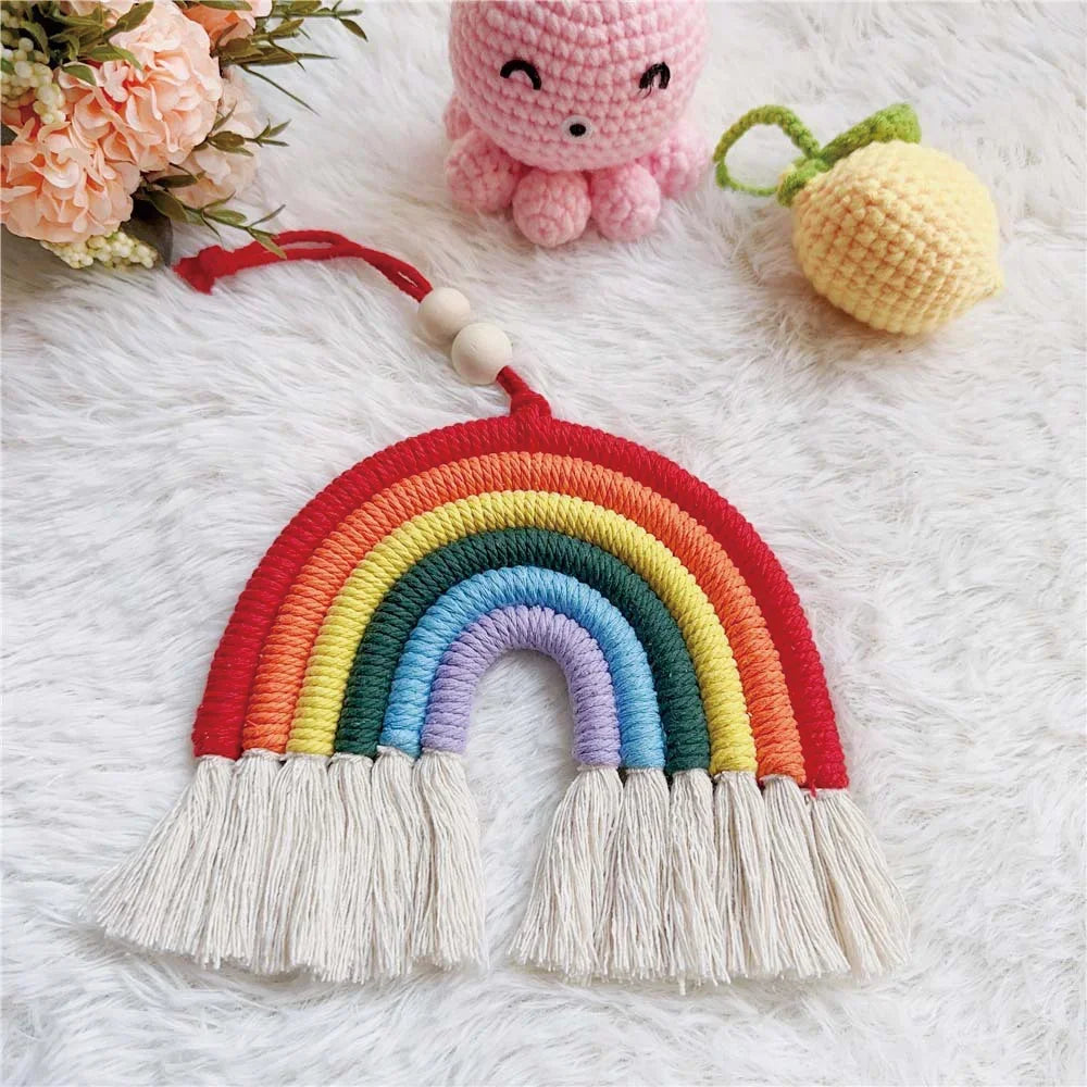 Ihomed Handmade Woven Cotton Rope Rainbow Tassels Bead Boho Style Pendants Rainbow Children'S Room Wall Hanging Holiday Decoration