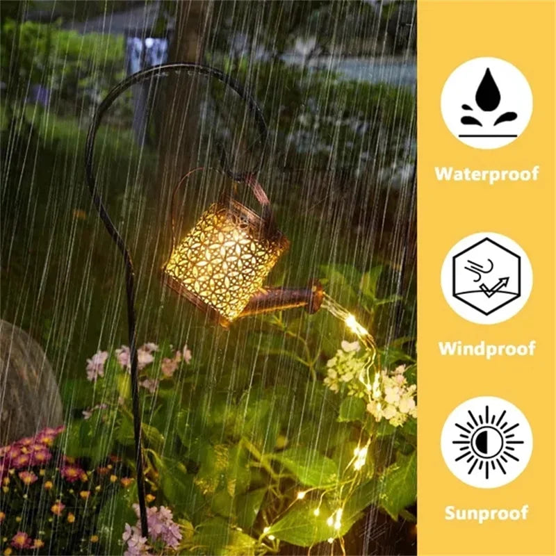 Ihomed Hollow Wrought Iron Star Shower Lamp Solar Watering Can Fairy Light Garden Decoration Shower& Light Lawn Courtyard Decorations