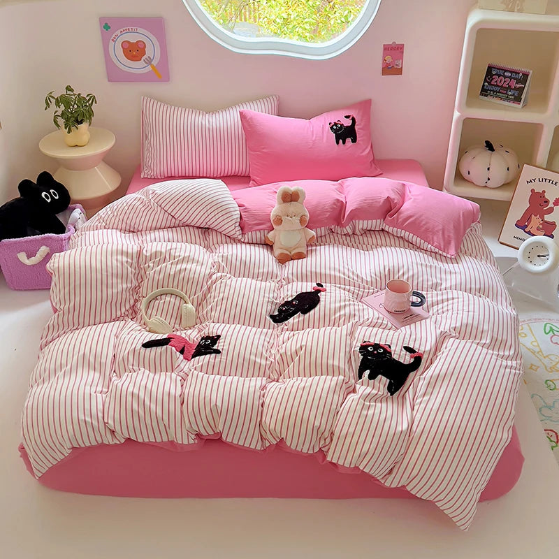 Ihomed Cartoon Kawaii Cat Bedding Set Purple Duvet Cover Flat Sheet Pillowcase Kids Girls Bed Linen Bedspread Full Twin Size NO Filling