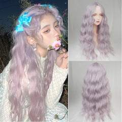 Ihomed Gray Purple Fleece Roll Medium Split Large Waves Lolita Long Curly Hair Bangs High Temperature Synthetic Wig