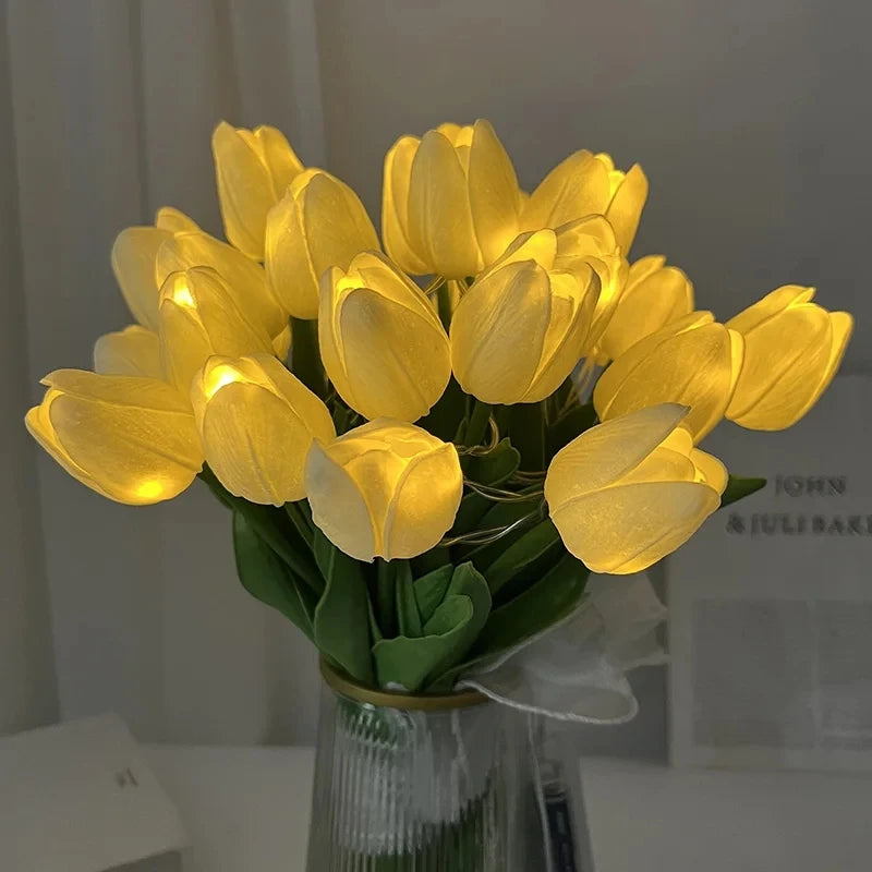 Ihomed 5/10pcs LED Tulips Artificial Flowers PU Tulip Fake Flower Bouquet Night Light for Home Garden Decoration Wedding Birthday Gift