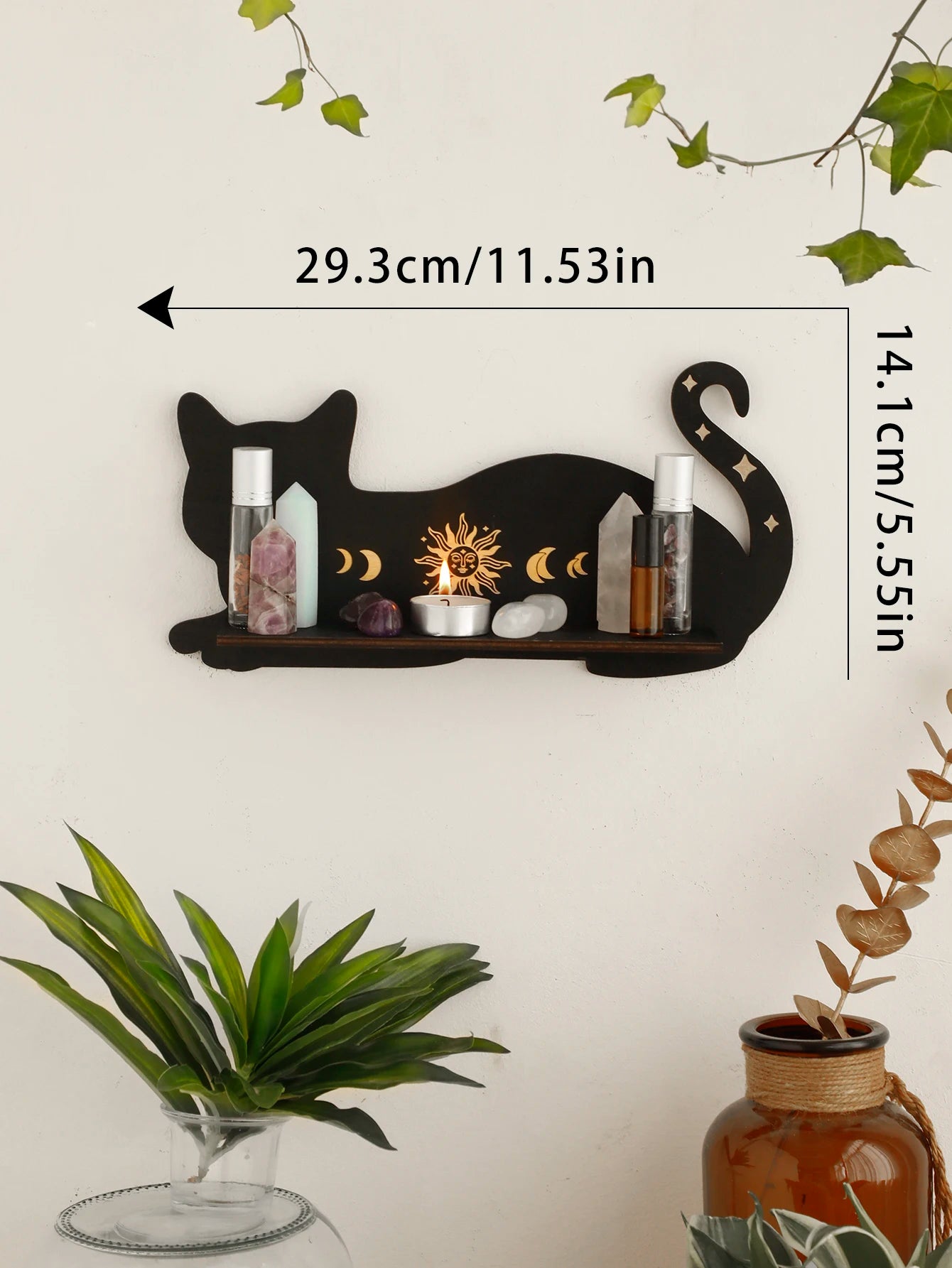 Ihomed Black Cat Wooden Shelf Moon Phase Chakra Crystal Stone Display Stand Wall Shelf  Witch Home Decor Gothic Room Decor Home Bedroom