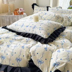 Ihomed  Korean style small fresh blue bow lace four piece set, washed bubble cotton quilt cover, bed sheet, 3-piece set