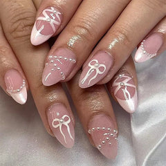 Ihomed 24pcs French Pink Fake Nails Ins Sweet Bow Pearl Design False Nail Tips Wearable Detchable Korean Short Almond Press on Nails