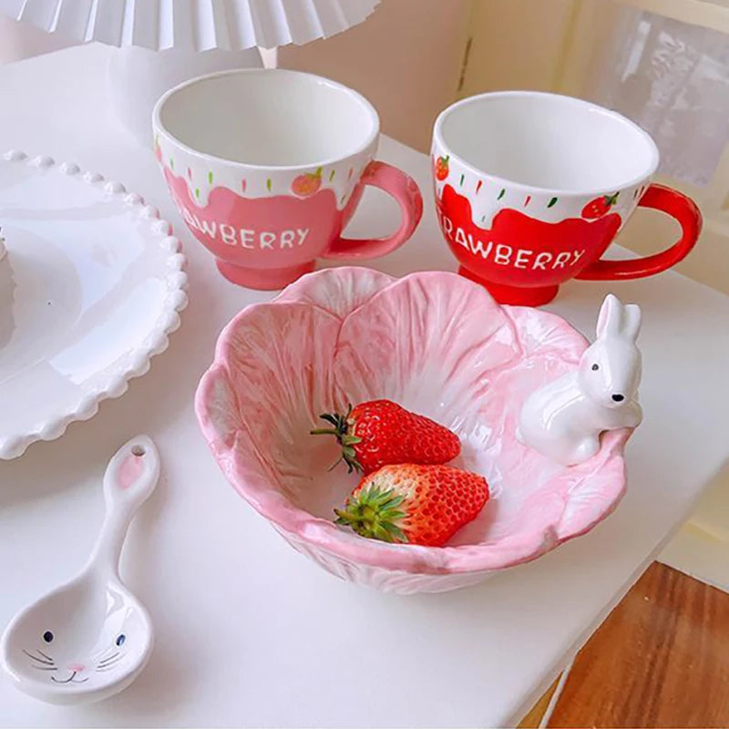 Ihomed Pink Bunny Bowl Set for Cute Girls，Porcelain Dessert, Salad, and Cereal Bowls with Spoons for Home and Dorm Use，Eco-Friendly