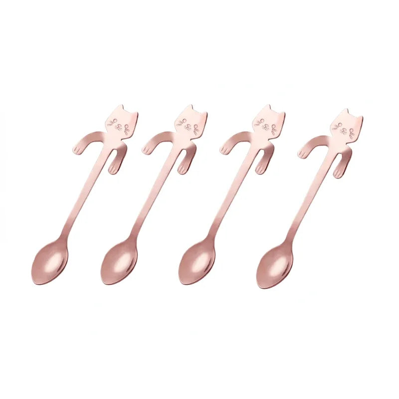 Ihomed 4pcs Stainless Steel Cute Cat Spoons Coffee Tea Ice Cream Teaspoons Spoon Dessert Snack Scoops Home Flatware Kitchen Accessories