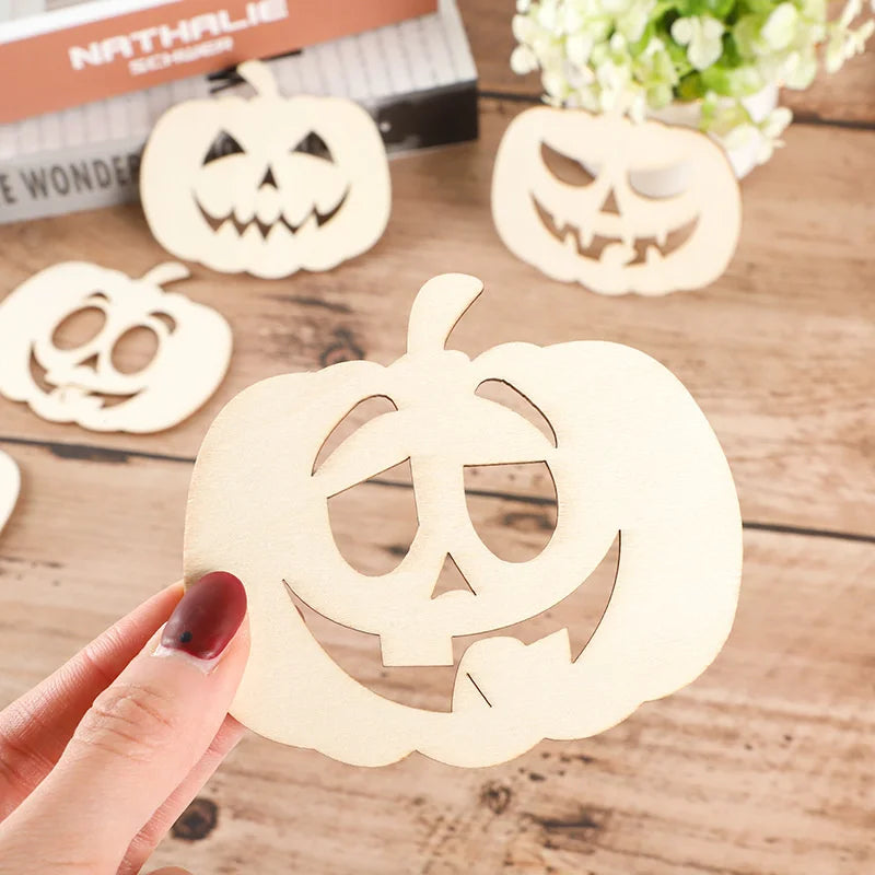 Ihomed 6Pcs Wooden Pumpkin Hanging Crafts Carton Funny Face Ornament For Halloween Party Home Decorations Kids DIY Painting Gifts