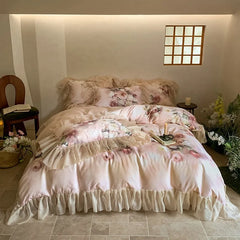 Ihomed Cotton Lyocell Ultra Soft Bedding Set Lace Ruffle Edge Vintage Floral Duvet Cover Bed Sheet Pillowcases Double Queen King 4Pcs