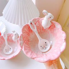 Ihomed Pink Bunny Bowl Set for Cute Girls，Porcelain Dessert, Salad, and Cereal Bowls with Spoons for Home and Dorm Use，Eco-Friendly