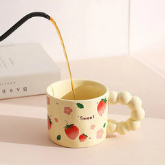 Ihomed Ceramic Coffee cup Japanese style Water mug Cute Fruit pattern Milk Tea Cup with Anti-slip handle Coffee Cup girl Birthday Gift