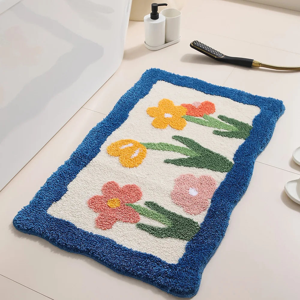 Ihomed Floral Tufting Bathroom Mat Soft Tulip Bedside Foot Carpet Rug Floor Pad Bedroom Doormat Aesthetic Home Room Tidy Decor