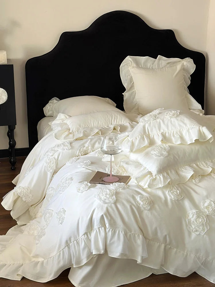 Ihomed Princess Style 3D Flower Bedding Set 100 Thread Count Autumn and Winter Cotton Duvet Cover Solid White Quilt Covers with Ruffles