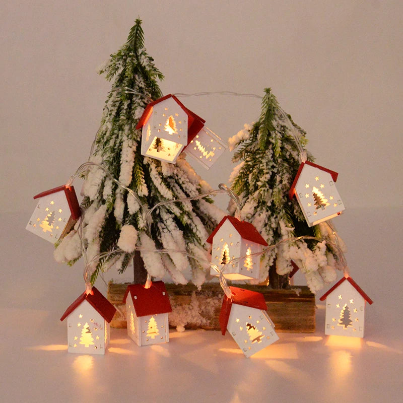 Ihomed Christmas Wooden House LED String Light Xmas Tree Hanging Ornament 2024 Christmas Decoration For Home Kids New Year Gift Navidad