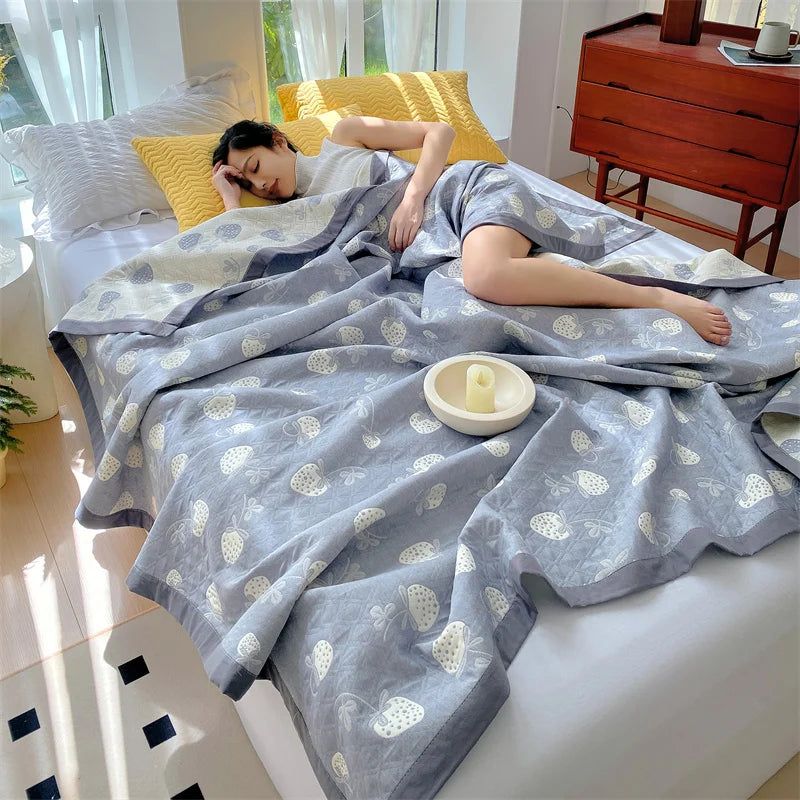 Ihomed Pure Cotton Thread Blanket for Bed Sofa, Yellow Cat Pattern Throw, Queen Double Heart Printed Bedspread,Comfortable Summer Quilt