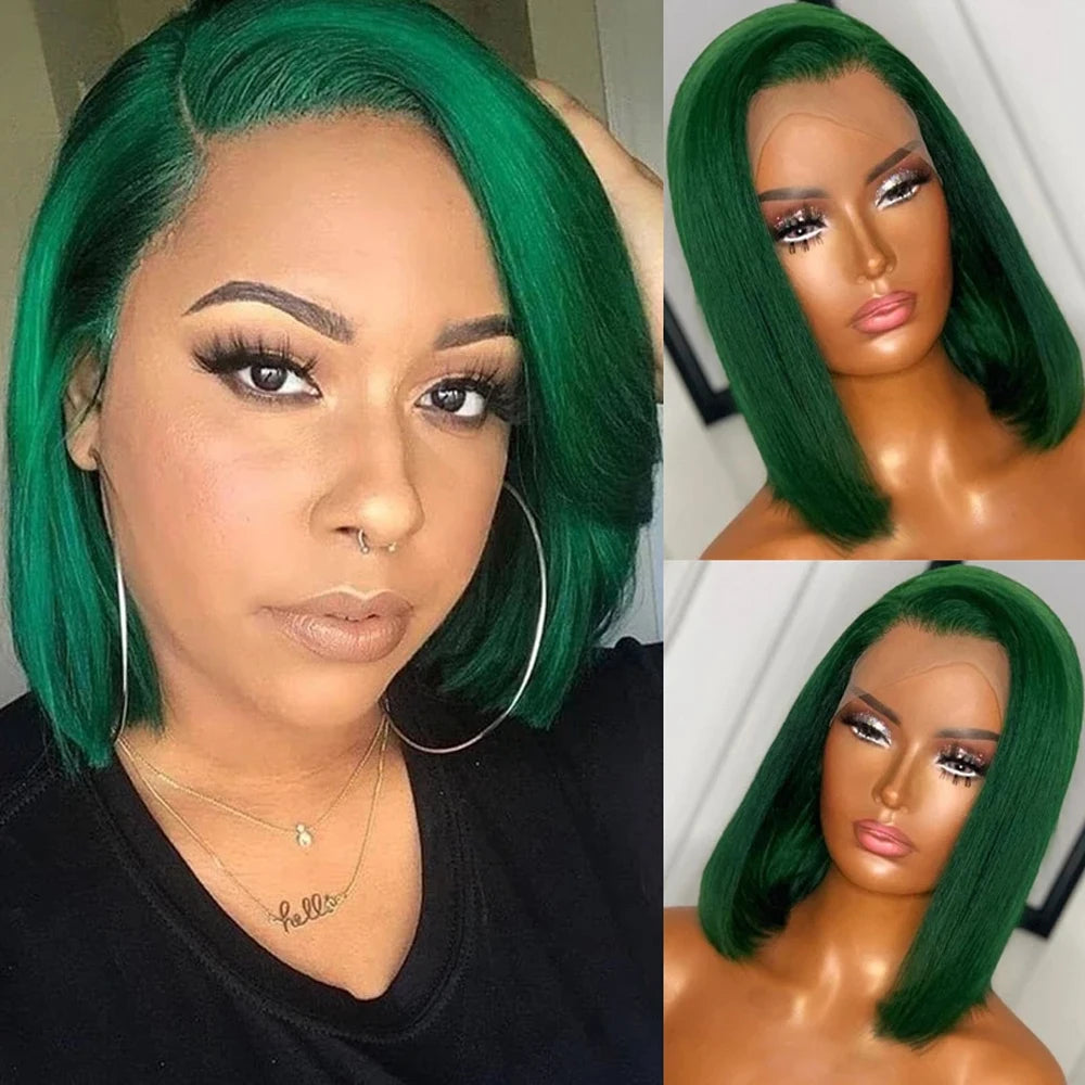 Ihomed Brazilian Straight Lace Short Bob Dark Green Remy Human Hair Wigs Colored Transparent Lace Frontal Wigs 200 Density Lace Bob Wig