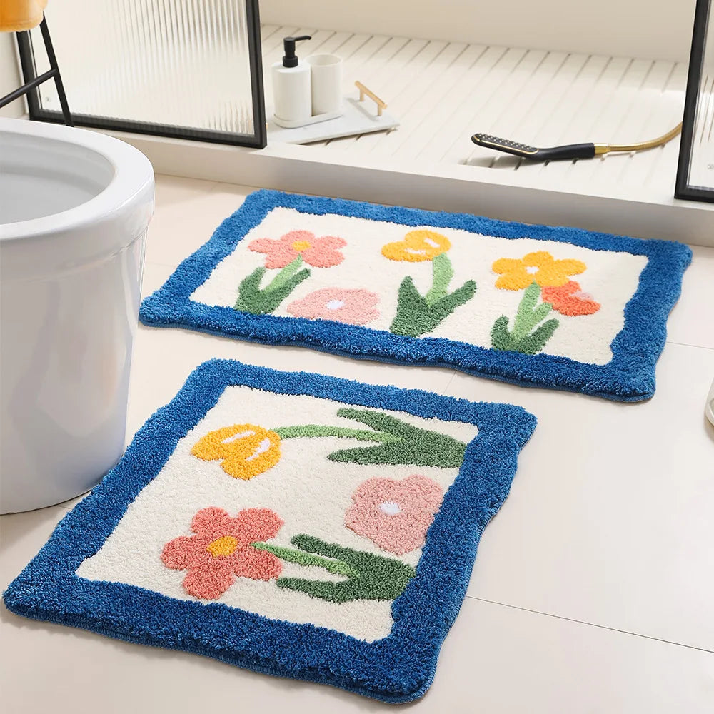 Ihomed Floral Tufting Bathroom Mat Soft Tulip Bedside Foot Carpet Rug Floor Pad Bedroom Doormat Aesthetic Home Room Tidy Decor