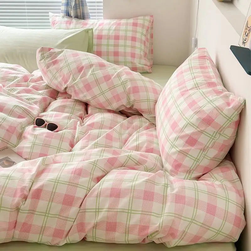 Ihomed INS Pink Green Lattice Stripe Bedding Set Plaid Duvet Cover Soft Microfiber Bed Linen Twin Full Queen Size Grid Home Textiles