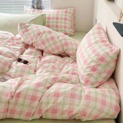 Ihomed INS Pink Green Lattice Stripe Bedding Set Plaid Duvet Cover Soft Microfiber Bed Linen Twin Full Queen Size Grid Home Textiles