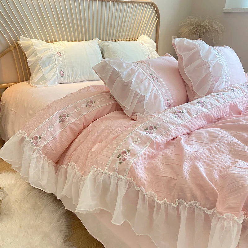 Ihomed Pink Korean Princess Style Lace Ruffles Wedding Bedding Set Seersucker Washed Cotton Soft Duvet Cover Set Bed Sheet Pillowcases