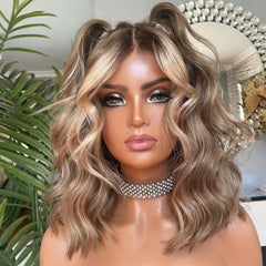 Ihomed 14” Balayage Blonde Highlights Wig Shoulder Wavy Bob Wig Rooted 100% Premium Virgin Human Hair Wig HD 13x6 Lace Front Wig 150%