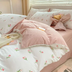 Ihomed Romantic Tulip Pink Bedding Set Bed Flat Sheet Pillowcase Twin Full Queen Bed Linen Kids Girls Floral Duvet Cover No Filling