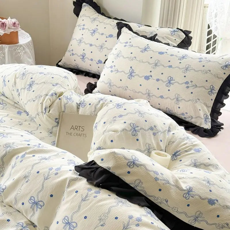 Ihomed  Korean style small fresh blue bow lace four piece set, washed bubble cotton quilt cover, bed sheet, 3-piece set