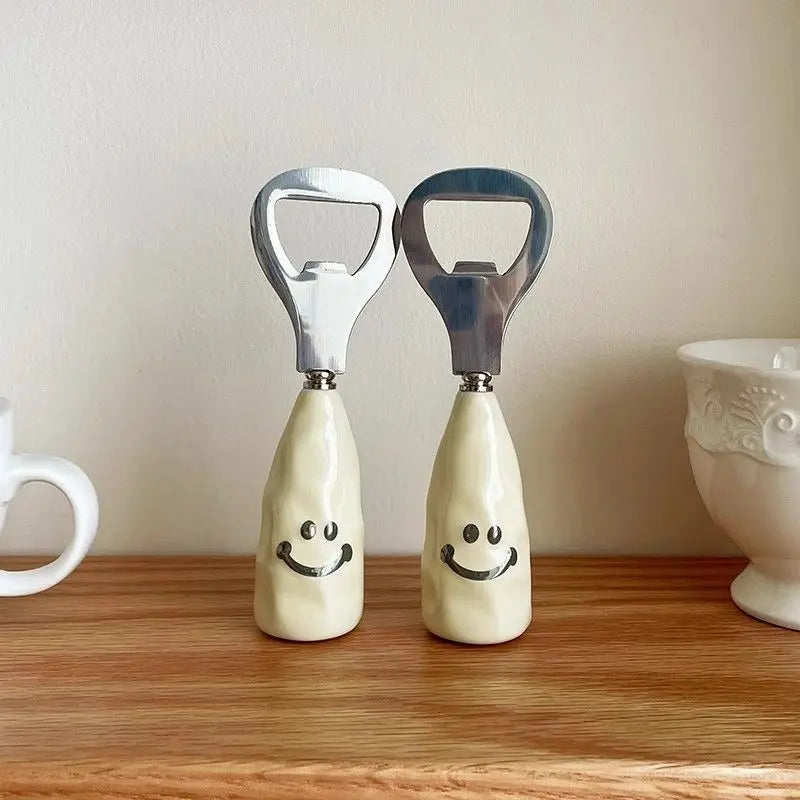 Ihomed Cute Beer Bottle Opener Smiling Face Ceramic Handle Stand Up Bottle Openers Creative Stainless Steel Cap Kitchen Acceesories