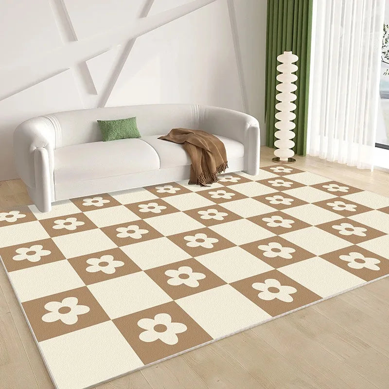 Ihomed Beige Plaid Living Room Large Area Carpet Floral Pattern Bedroom Carpet Minimalist Design Checkerboard Home Special Rug Alfombra