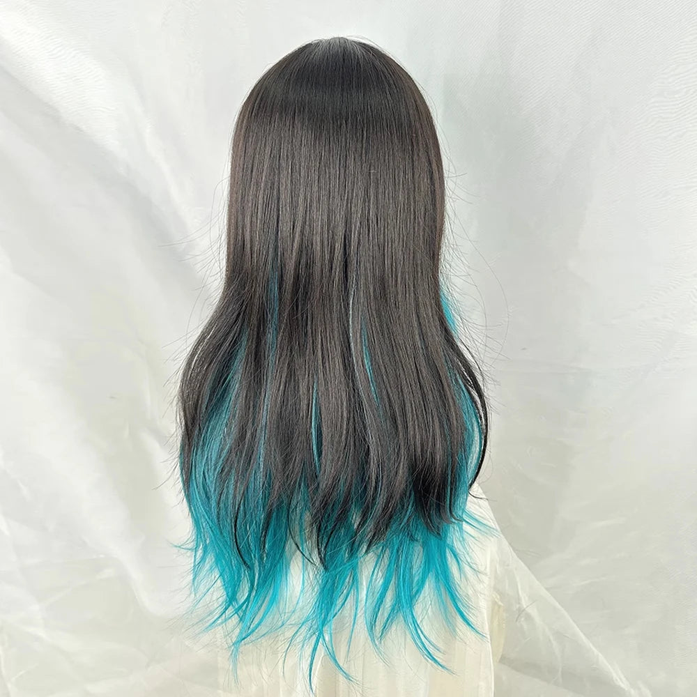 Ihomed Ombre Black Blue Blend Synthetic Long Wavy Wig with Bangs Fluffy Women Lolita Cosplay Hair Wig for Daily Party