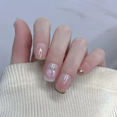 Ihomed 24Pcs Mid-length Square Head French False Nails Powder Heart Flower Design Press on Fake Nail Wearable Full Cover Nail Tips