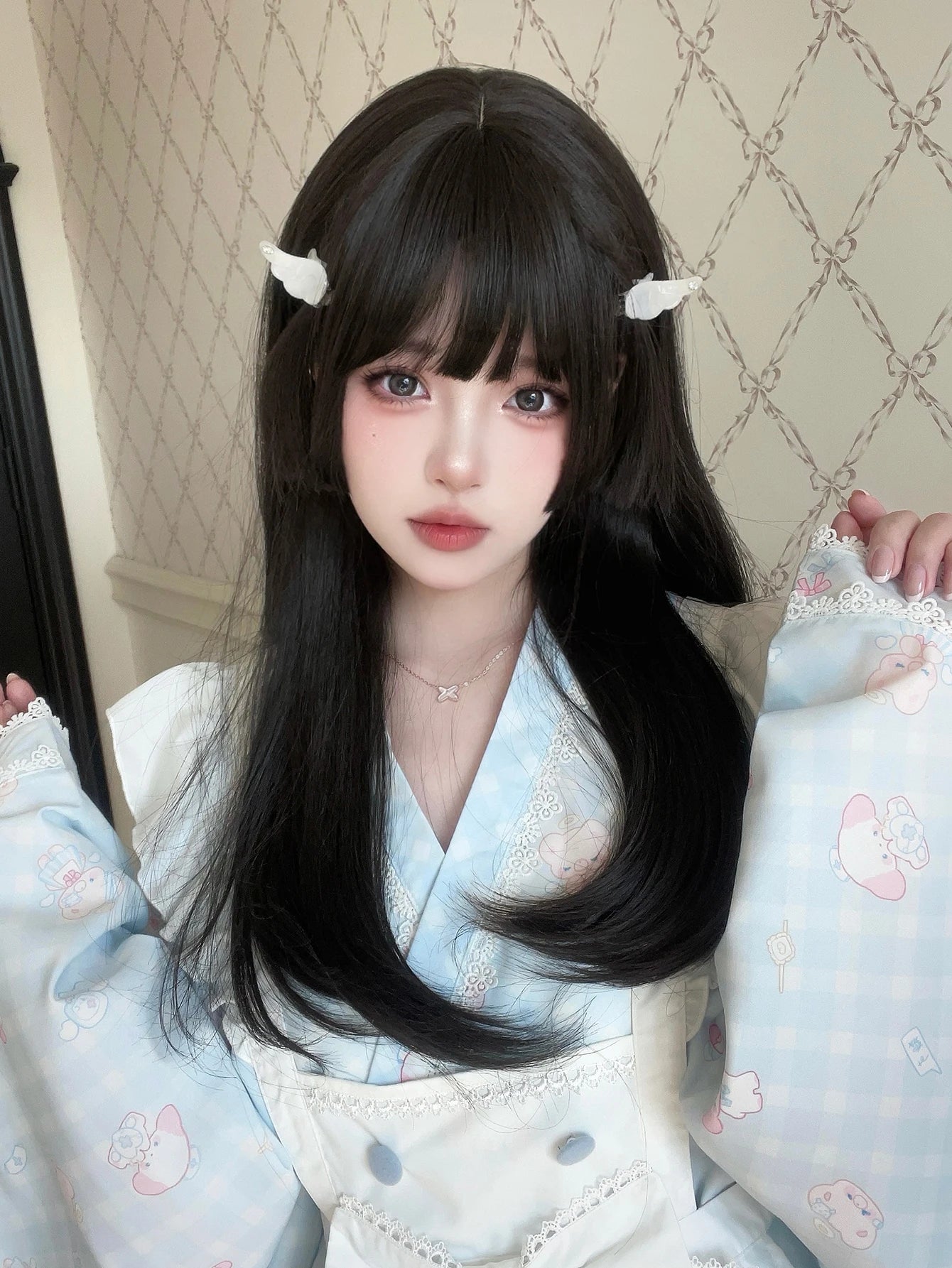 Ihomed 22Inch Black Lolita Hime Cut Synthetic Wigs with Bang Long Natural Straight Hair Wig for Women Daily Use Cosplay Heat Resistant