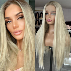 Ihomed Ombre Lace Front Wig Long Straight Synthetic Wig Brown Blonde Highlight Colored Hair 13X4 Frontal Wigs for Women Party Cosplay