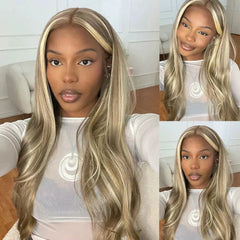 Ihomed Brown Wig with Ash Blonde Highlights Synthetic Hair Long Wavy Loose Body Wave Streaks Money Piece 13X4 Frontal Wigs for Women