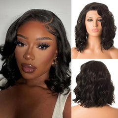 Ihomed Short Black Wavy Wig for Women Synthetic Lace Front Wig 12 Inch Shoulder Length Side Part Bob Curly Wig 13x4 Frontal Daily Use