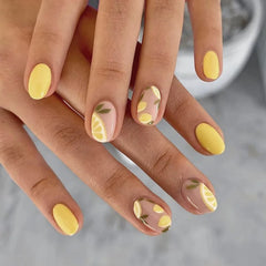 Ihomed 24Pcs Round Head Oval Manicure Lemon Yellow Summer Days Design Short Fake Nails Detachable Cute Nail Tips with Glue