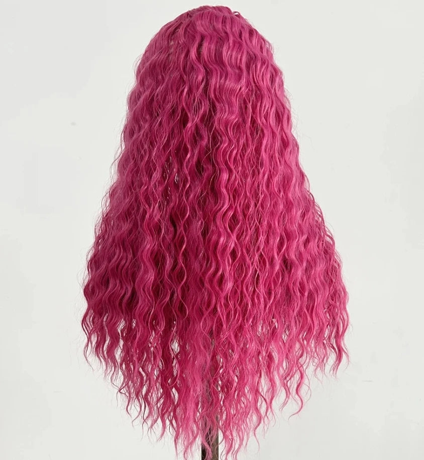 Ihomed Hot Pink Wig Deep Wave Synthetic Lace Front Wig Glueless Natural Hairline Rose Red Long Curly Hair Lace Frontal Wigs for Women