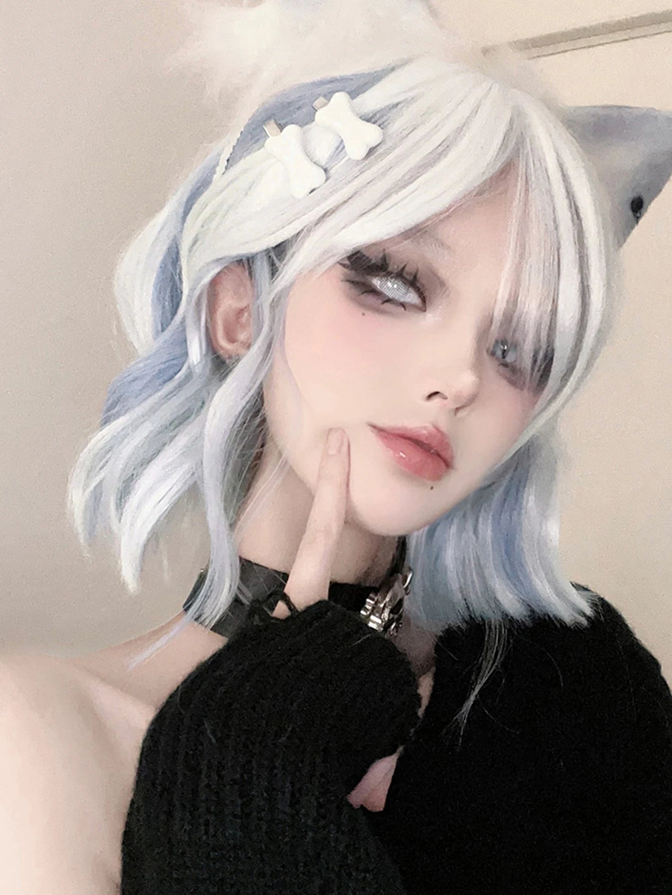 Ihomed 12Inch Blue White Lolita Pretty Synthetic Wigs With Bang Short Natural Wavy Hair Wig For Women Daily Use Cosplay Heat Resistant