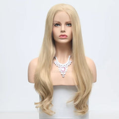 Ihomed Ash Blonde Wig Natural Wavy Synthetic Lace Front Wig Glueless Layered Straight Honey Blond Hair Frontal Wigs for Women Daily