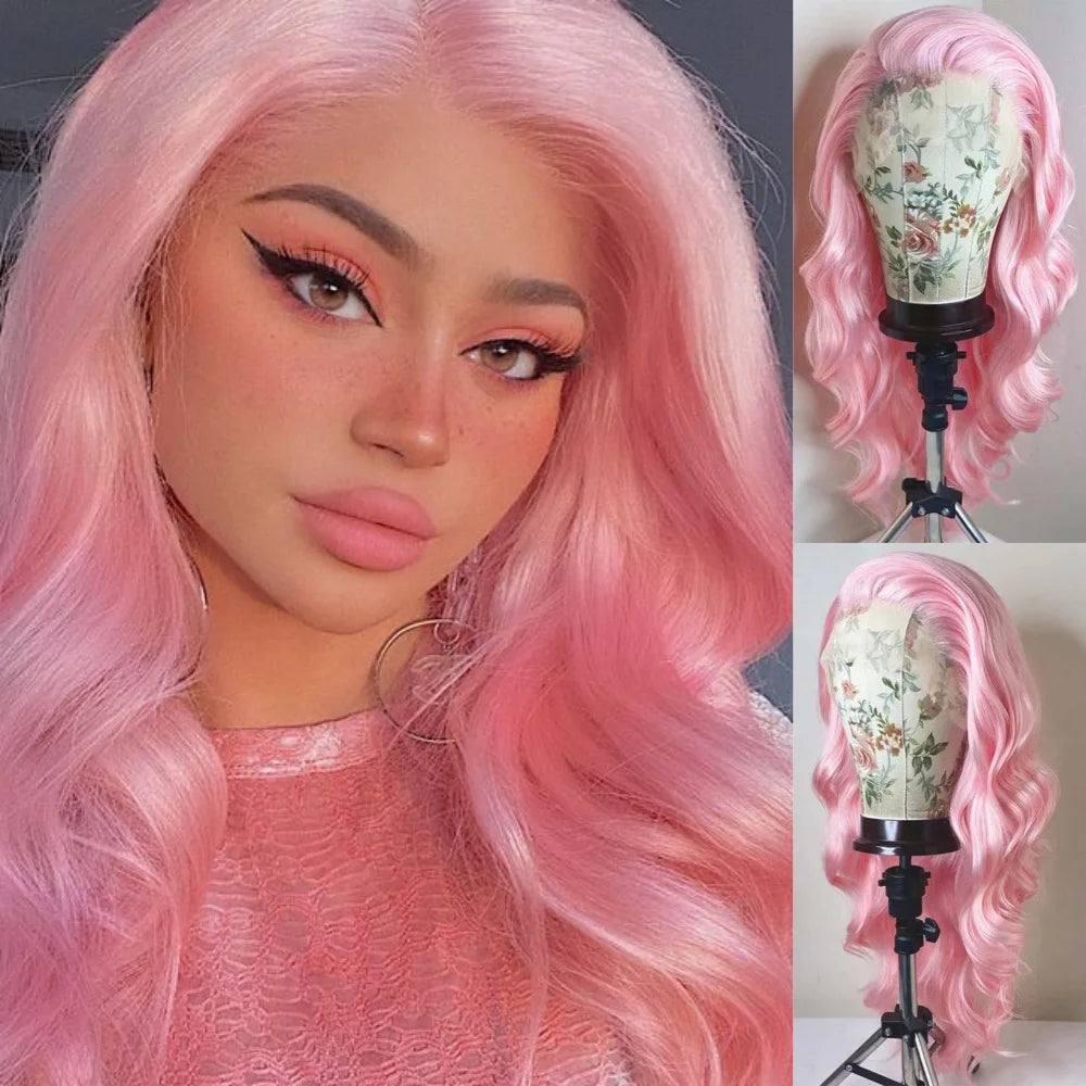 Ihomed Light Pastel Pink Lace Front Synthetic Frontal Wigs for Women Long Wavy Loose Wave Curly Hair Wig Daily Party Cosplay