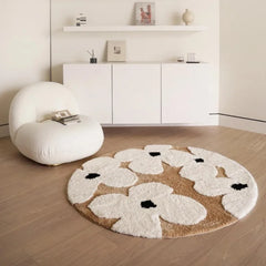 Ihomed Nordic Flowers Flocked Round Rugs Living Room Fluffy Area Rug Bedroom Bedside Anti-Slip Carpet Tufted Soft Floor Mat Home Decor