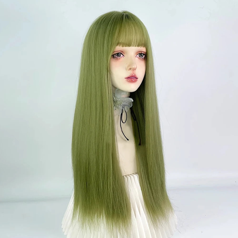 Ihomed Green Long Straight Synthetic Women Wig with Bangs Lolita Cosplay Fluffy Hair Heat Resistant Wig for Daily Party