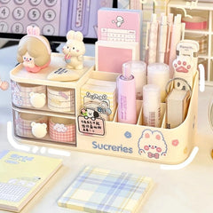 Ihomed Ins Kawaii Desk Organizer Storage Box Cute Bear Handle Drawer Stationery Pen Holder Sticky Note Tape Storage Box Organizer Rack