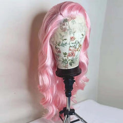 Ihomed Light Pastel Pink Lace Front Synthetic Frontal Wigs for Women Long Wavy Loose Wave Curly Hair Wig Daily Party Cosplay