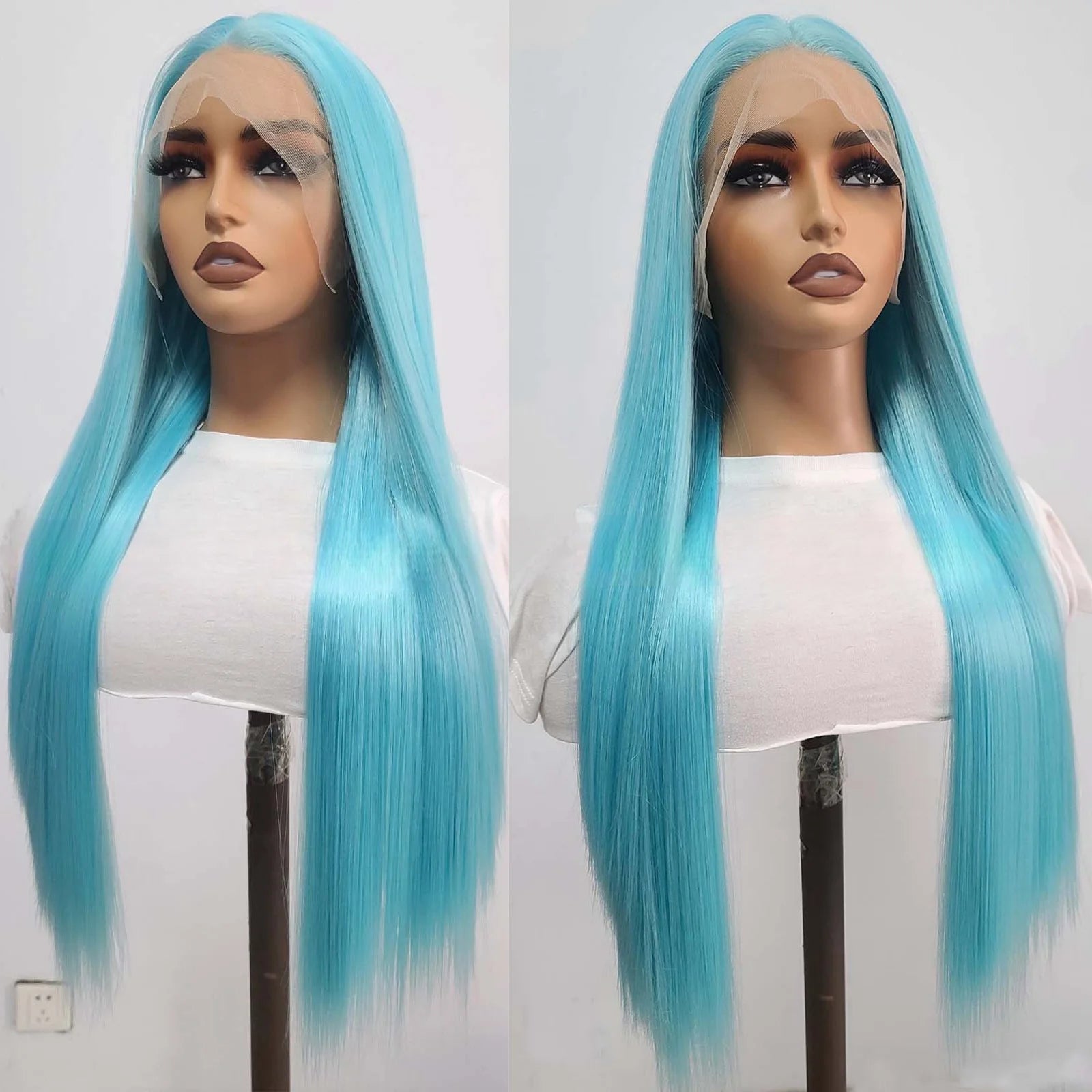 Ihomed Blue Wig Long Straight Synthetic Lace Front Wig Glueless Ready to Wear Cosplay Party Light Blue Hair Lace Frontal Wigs for Women