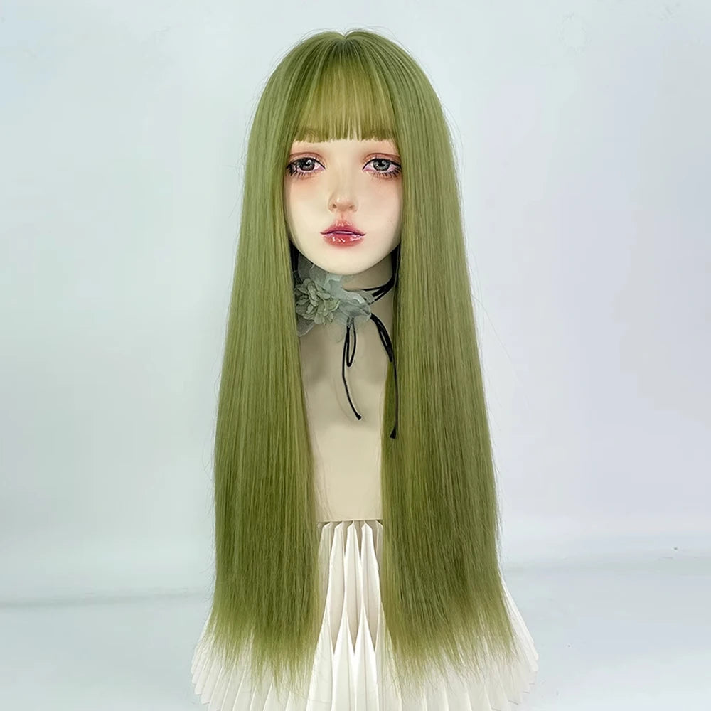 Ihomed Green Long Straight Synthetic Women Wig with Bangs Lolita Cosplay Fluffy Hair Heat Resistant Wig for Daily Party