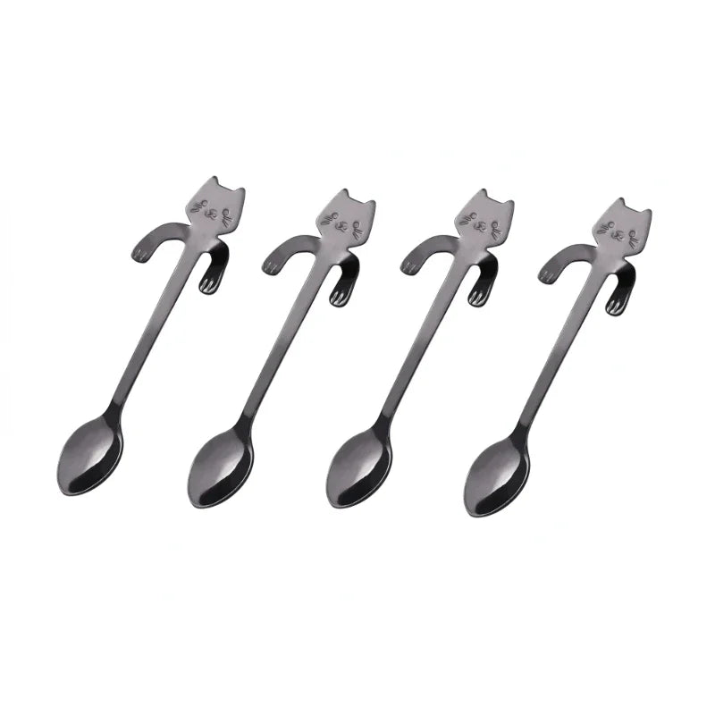 Ihomed 4pcs Stainless Steel Cute Cat Spoons Coffee Tea Ice Cream Teaspoons Spoon Dessert Snack Scoops Home Flatware Kitchen Accessories