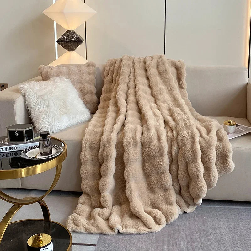 Ihomed luxury faux fur Blanket double-sided fluffy bubble Fleece bed Plaid sofa blankets plush sofa cover bedspreads for double bed