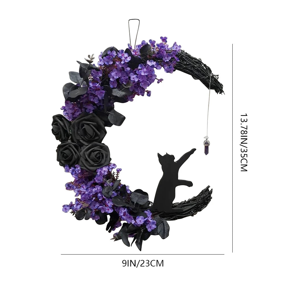 Ihomed Gothic Wreath Decoration Handmade Artificial Moon Cat Garland Durable Halloween Door Hanging Decor for Indoor Outdoor Home Decor