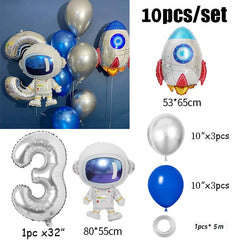 Ihomed 10pcs Astronaut Rocket Number Foil Balloons Happy Birthday Party Decorations Kids Boy 1 2 3 4 5 6 7 8 9 Year Old Space Supplies