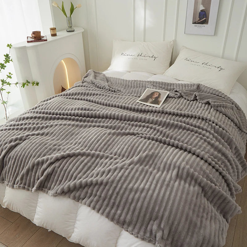 Ihomed Wide Striped Blanket Solid Milk Velvet Air Condition Nap Blankets Fleece Soft Sofa Bed Cover Fluffy Adult Single Bedspread Beige